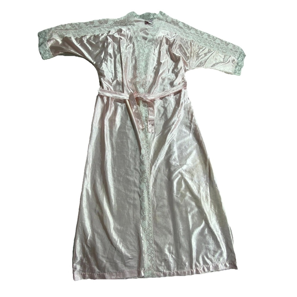 Reasa Martin Robe Womens Medium Pink White Satin lace Trim 3/4 Sleeve Sleepwear